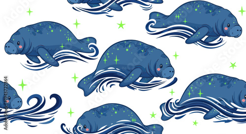 Cute Manatee Swimming in Sparkling Blue Ocean Waves