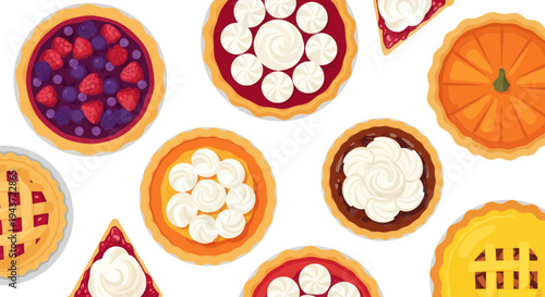Assortment of Delicious Pies and Tarts, Top View, Isolated on White