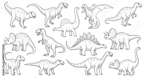 Collection of Hand-Drawn Dinosaur Illustrations on White Background