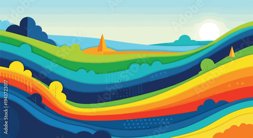 Colorful, layered landscape with sun, hills, trees, and abstracted elements