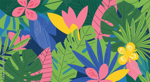 Colorful, layered illustration featuring tropical plants and flowers