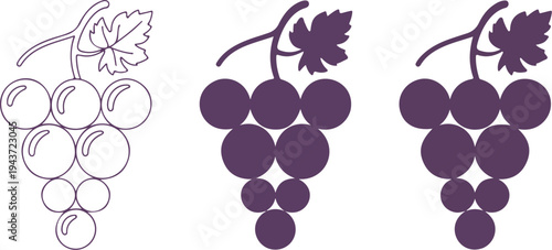 Set of ripe grape illustrations in outline and solid silhouette styles featuring purple hue for fruit and vineyard designs