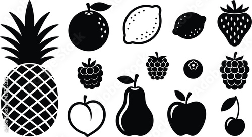 A diverse collection of fresh and healthy fruit illustrations including apple, banana, orange, strawberry, and various plant silhouettes in a vector set