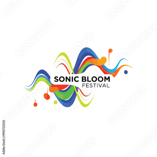 Colorful logo featuring wavy lines and dots on a white background