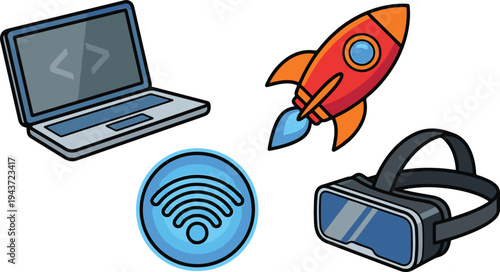 Technology gadgets including a laptop, rocket, VR headset, and WiFi symbol are shown.