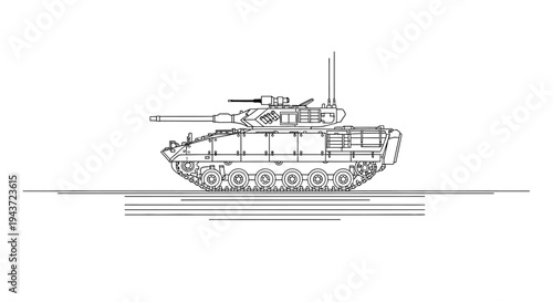 Military Armored Vehicle Blueprint - Combat Tank Line Art Illustration