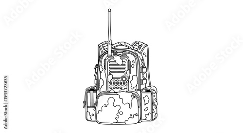 Military Backpack with Radio Equipment, Camouflage Design, Line Art Illustration