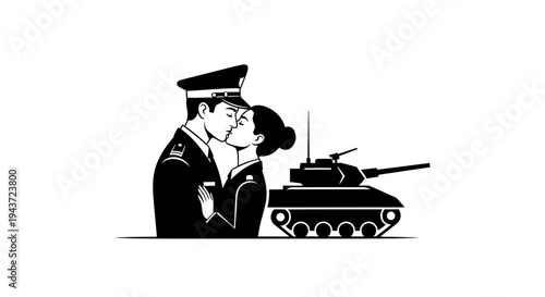 Military Couple Kissing Beside Tank, Love and War Concept