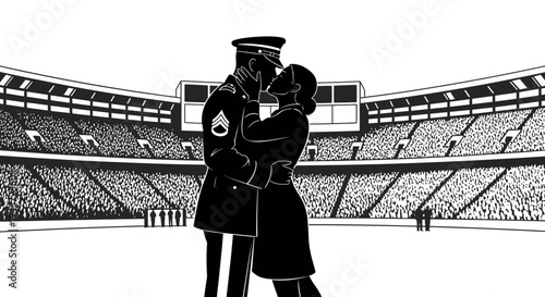 Military Couple Kissing in Stadium