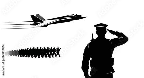 Military Salute: Jet, Marching Soldiers, Officer Silhouette - Patriotism Concept