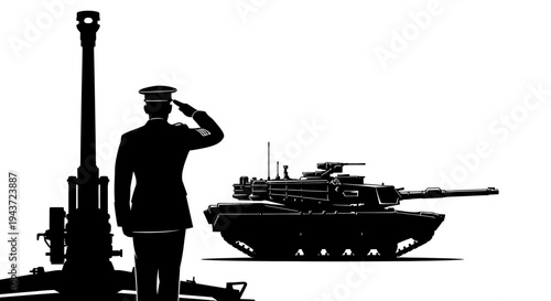 Military Salute: Officer, Tank, and Artillery Gun Silhouette