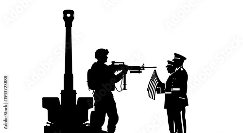 Military Salute: Soldier with Rifle and Officers with American Flag