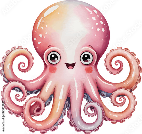 A charming and vibrant watercolor illustration of a cute baby octopus with big, expressive eyes and playful tentacles, rendered in a delightful cartoon style