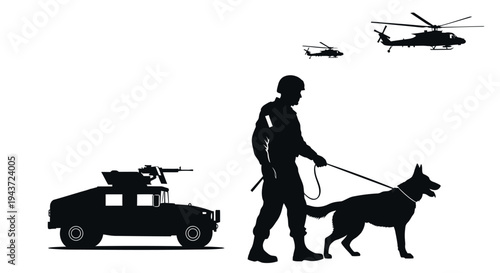 Military Soldier with Dog, Humvee, and Helicopters Silhouette