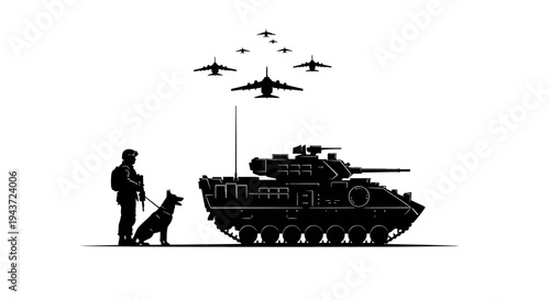 Military Soldier with Dog and Tank Under Air Force Jets