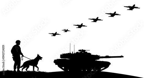 Military Soldier with Dog, Tank, and Airplanes Formation Silhouette
