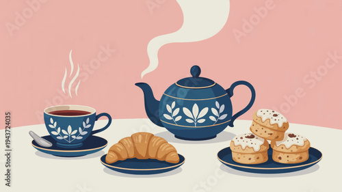 Cozy breakfast setting with blue tea set croissant and muffins on a table with pink background