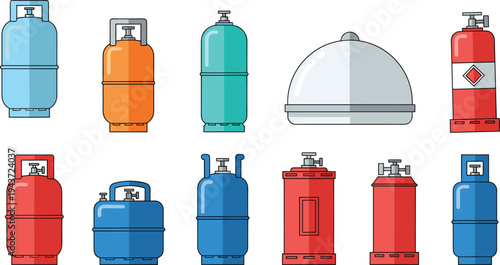 Vector Illustration Set of Compressed Gas Cylinders Including Propane Tanks Oxygen Bottles and Industrial Fuel Containers for Energy Logistics Kitchen Cooking and Welding Services