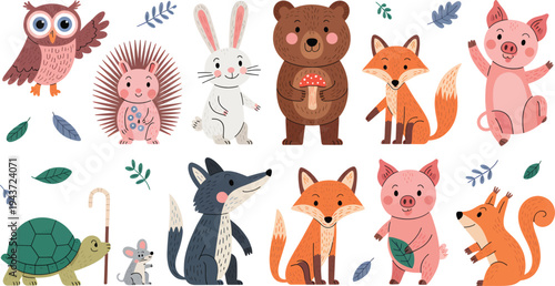 Charming collection of adorable forest animals illustration set featuring diverse cartoon characters, including an owl, bear, fox, rabbit, and wolf, perfect for children's designs