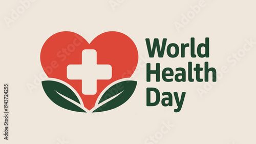 World health day logo with red heart and green leaves on beige background symbolizing medical care and wellness