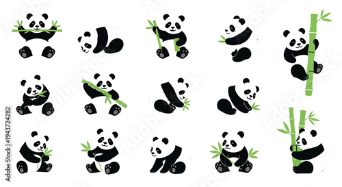 Charming collection of adorable cartoon pandas in a variety of playful poses, happily engaged with bamboo, perfect for whimsical nature and animal-themed graphic designs