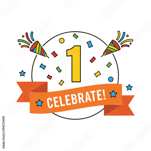Colorful vector illustration celebrating the number 1 with party elements