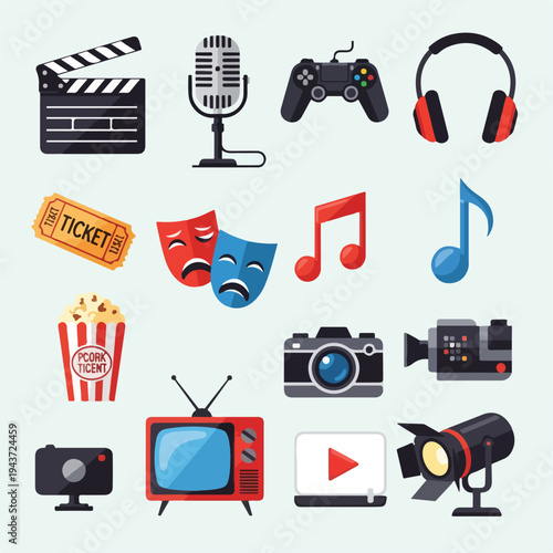 Colorful vector icons representing various entertainment elements