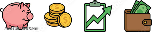 A piggy bank with coins and a clipboard with a growing graph sits next to a wallet with money.