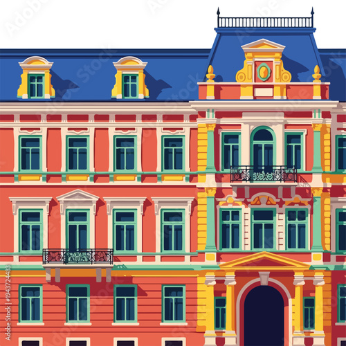 Colorful vector illustration of a detailed building facade with a blue roof