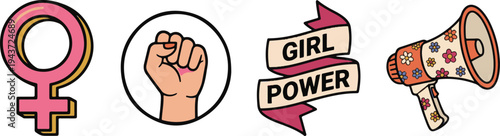 A feminist protest scene with a raised fist and megaphone illustrates Girl Power movement