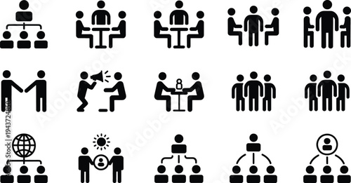 Set of 16 black and white business icons representing teamwork, leadership, and communication
