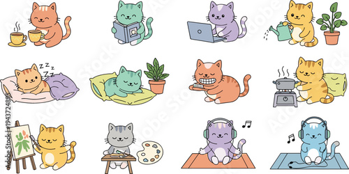 Cute cartoon cats daily activities set including reading sleeping painting yoga listening music drinking tea and relaxing adorable kitten vector collection