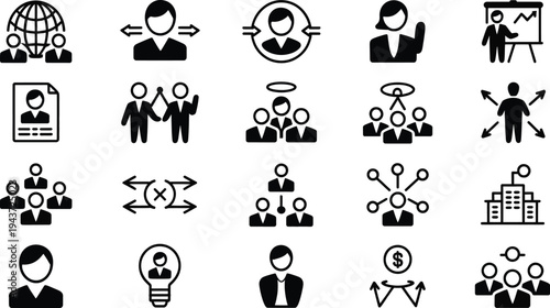 Diverse set of professional icons representing business concepts and human resources, suitable for presentations and digital design