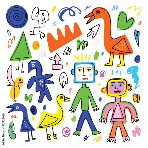 Colorful whimsical composition features quirky figures, birds, and organic shapes