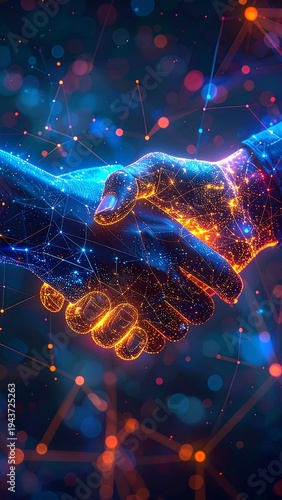 Digital handshake rendered with glowing lines and connections