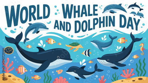 Whales and dolphins swim together ocean waves on world whale and dolphin day with coral reef