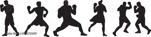 Silhouettes of professional boxers in defensive positions to attack, isolated set on transparent white background.