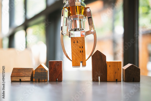 Robotic arm picking small wooden house model for AI real estate assistant and smart property selection concept. Future technology for automated home buying and investment analytics.