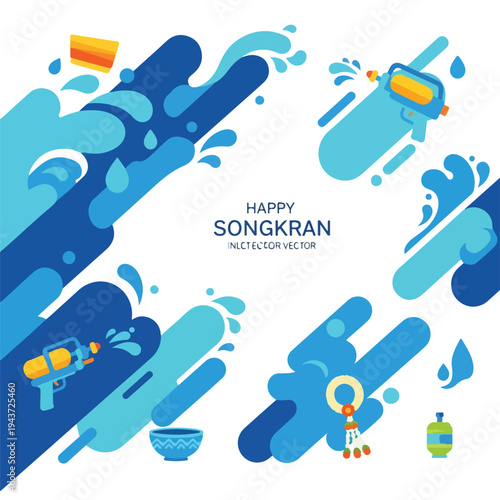 Festive vector illustration with Songkran theme, featuring water guns and splashes