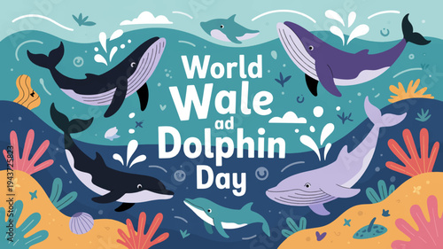 Whales and dolphins swim in ocean with coral reef celebrating world whale and dolphin day with vibrant sea life