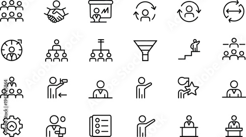 A comprehensive collection of 24 black line vector icons illustrating various business, corporate management, human resources, leadership, and team development concepts