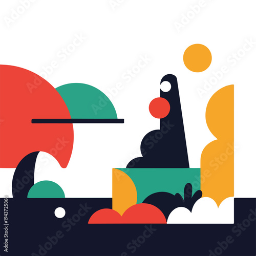 Geometric composition with shapes of various colors and forms