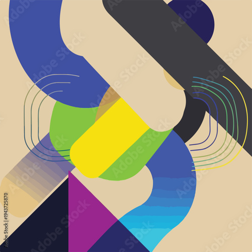 Geometric abstraction featuring curved shapes, forms, and vibrant colors on beige
