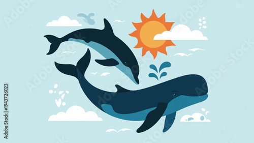 Two whales and a dolphin swimming under a sunny sky with clouds and sea spray
