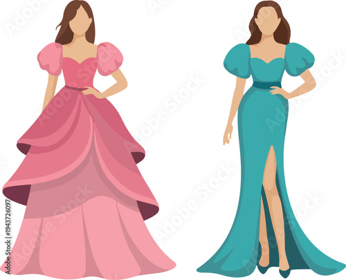 Elegant princess dress vector set with women wearing colorful ball gowns evening dresses fairy tale fashion illustration