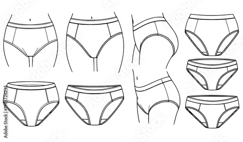 A set of minimalist illustrations of various women's underwear designs in a flat line art style