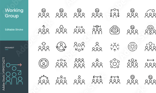 A versatile collection of thirty black and white line art icons illustrating working group dynamics, organizational structure, team collaboration, and people connections