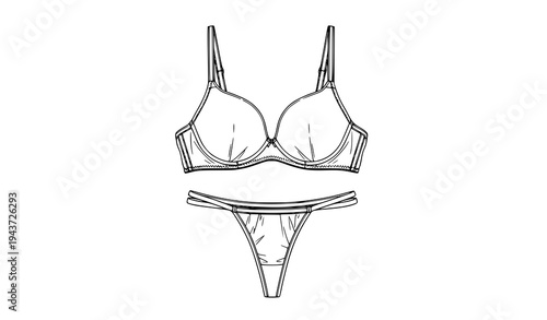 A minimalist line art illustration of a bra and panties set against a white background