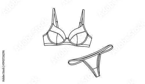 Women lingerie underwear set vector illustration with bra and panties outline design isolated for fashion apparel, intimate clothing collection and retail product mockup