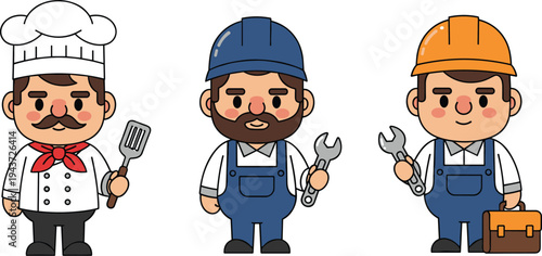 Cute professional workers character set chef mechanic and construction builder holding tools cartoon occupation people isolated flat vector illustration